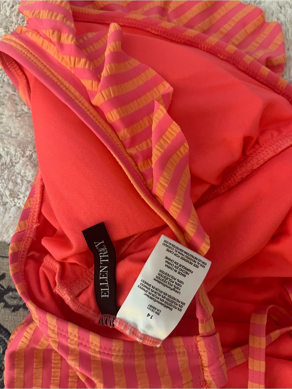 Ellen Tracy Striped Ruffle V-Neck One-Piece Swimsuit - Coral & Pink size 14 - Picture 5 of 8